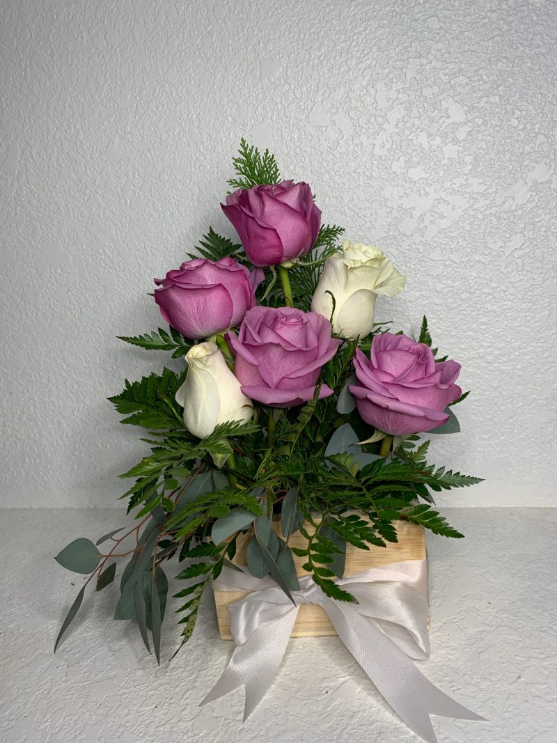 White and purple roses wooden box arrangement