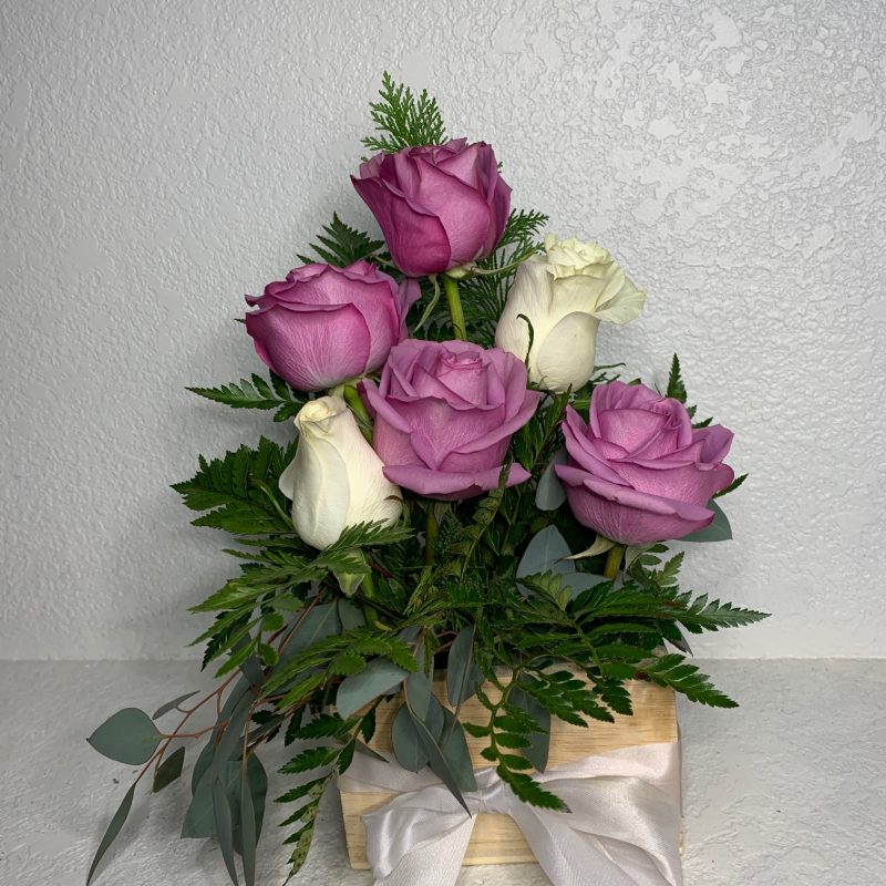 White and purple roses wooden box arrangement